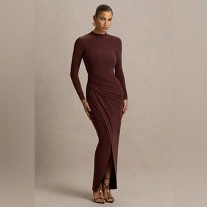 Club L London ZEPHRA Brown High Neck Wrapped Maxi Dress